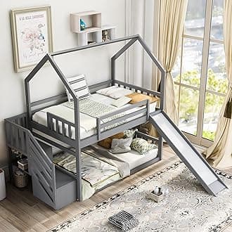 Merax Twin Over Twin House Bunk Bed Frames with Slide and Storage Staircase, No Box Spring Needed, Black