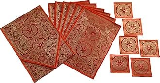 Dining Table Placemats Set of 13 Pieces, Ethnic Brocade Silk with Golden Woven Work- (1 Table Runner, 6 Mats, 6 Coasters) (Orange)