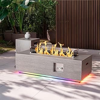 2-Piece 42" LED Rectangular Propane Fire Pit for Outside Patio with Hidden Tank Table, 50,000 BTU Fireplaces with Glass Wind Guard, Lid, Glass Rocks, Cover(Grey w/RGB Light)