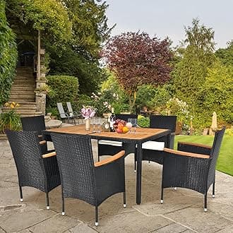 VINGLI 7 Pieces Patio Dining Set, Wicker Outdoor Dining Set for 6 Patio Furniture Set with Acacia Wood Table Outdoor Table and Chairs for Garden and Yard
