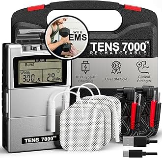 TENS 7000 Rechargeable Tens Unit Muscle Stimulator, EMS Muscle Stimulator, Back Pain Relief, 4 Electrodes/Unit Pads, Period Pain Simulator, Muscle Recovery & Growth, Stim Machine, Electrotherapy