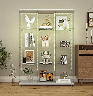 Modern Glass Display Cabinet 12-Shelf with LED Light,Lock and Wheels, 2 Door Curio Cabinets,Tempered Glass Collection Display Showcase for Living Room Home Office,46.8x13.5x65 H,White