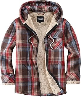 Elesuit Men's Full Zip Fleece Flannel Jackets Shirt Plaid Cotton Hoodies Soft Warm Coat for Men with Hood