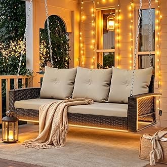 DWVO LED 3-Seat Patio Porch Swing, Outdoor Wicker Hanging Porch Swing Chair Bench Rattan Chair with LED Lights & Soft Cushions for Outside, Garden, Backyard, Lawn, Light Brown & Beige