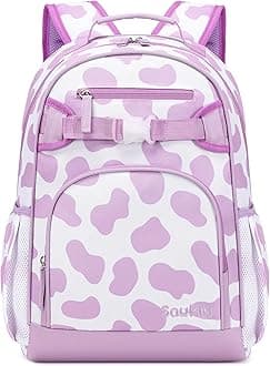 Sawkig Cute Cow Print Backpack for School Bookbag Kids Kindergarten Elementary Backpacks for Girls ages 6-8-10 (Purple Cow Print)