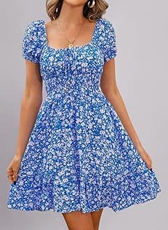 Womens Summer Casual Sweetheart Neckline Puff Sleeve Floral Print High Waist Dress Boho Beach Mini Short Dresses