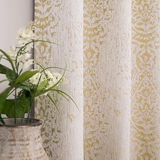 Gold and Greyish Cream White Light Filtering Damask Pattern Extra Length Mandala Curtains for Living Room 52 by 90 Inches Long 2 Panels