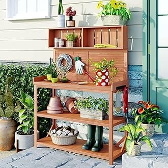 Potting Bench Table with 4 Storage Shelves and Side Hook, Polibi 65" Large Wooden Farmhouse Rustic Outdoor Patio Workstation, Garden Potting Bench with Splash Plate