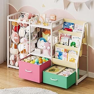 Kids Bookshelf and Toy Storage, Large 3 Tier Book Shelf for Kids Rooms, Sling Baby Bookcase with Stuffed Animal Storage, Toddler Montessori Bookshelf for Nursery, Playroom (Pink+Green)