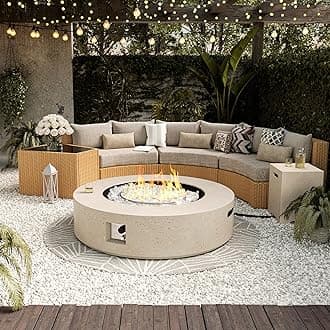 UPHA 42-inch Outdoor Propane Gas Fire Pit Table 50000 BTU Concrete Round FirePit for Outside Patio with Propane Tank Cover, White Glass Rocks, Rain Cover,Beige