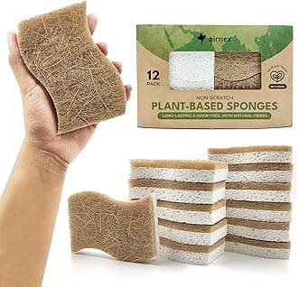 AIRNEX Eco Washing Up Dish Sponges Pack of 12 - Dual Sided S-Shape Natural Wood Cellulose & Coconut Kitchen Sponges Multipack - Heavy Duty, Non Scratch, Non Stick Cookware, Pan, Pot & Dish Scrubbers