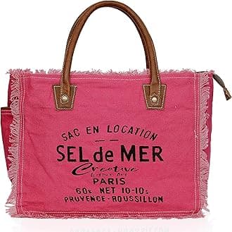 Sel de Mer Canvas Tote Bag for Women with Leather Handles, Shoulder Bag, Casual Everyday Purse, Beach, Travel, Shopping Bag (Pink, 13 x 10 Inch)