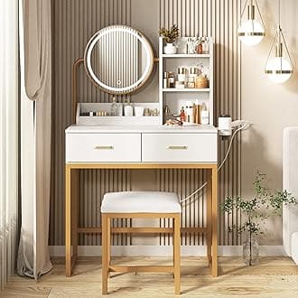 Makeup Vanity Desk with Round Mirror and Lights, White Vanity Makeup Table with Hair Dryer Rack, Small Vanity Table for Bedroom with Lots Storage, 3 Lighting Modes, 31.5in(L)