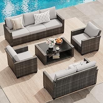 Garvee Patio Furniture Set 5 Pieces, 7-Seat PE Rattan Wicker Outdoor Sectional Patio Conversation Set with Waterproof Cusions and Coffee Table, Grey and Grey