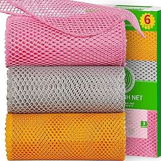 6Pcs Dish Wash Net,Innovative Mesh Cloth,Ultra Durable Non-Scratch Dish Rags for Washing Dishes,100% Odor Free/Quick Dry,Perfect Scrubber,Dish Sponges for Washing Dishes Yellow/Pink/Gray