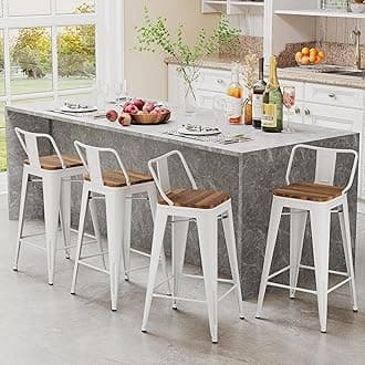 Andeworld Metal Bar Stools Set of 4 Kitchen Counter Stools Bristro Barstools Industrial Bar Stools (24 Inch,Cream White with Wooden Seats)