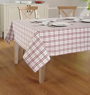 Cotton Table Cover - Rectangle Tablecloth - Wrinkle Free Cover - Cotton Mitered Stitched - Dobby Check - Kitchen Dining, Wedding, Decorations, & Parties - 60'' x 84' - Dark Pink