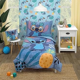 Disney Stitch Weird But Cute Blue, Teal and Coral 4 Piece Toddler Bed Set - Comforter, Fitted Bottom Sheet, Flat Top Sheet, and Reversible Pillowcase