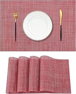 Leetaltree Red Placemats Set of 4 - Heat Resistant Non-Slip Place mats for Dining Table, Washable Durable PVC Vinyl Woven Table Mats（Red, 4）