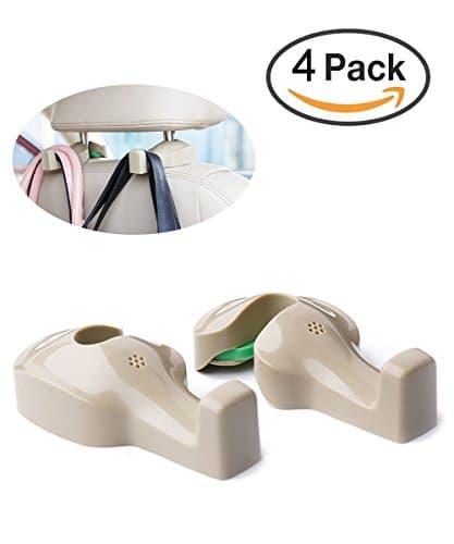 Car Headrest Hooks - Kingberwi 4 PACK Universal Seat Front Back Headrest Organizer Holder Handbags Coats Purse or Grocery Bags Hanger for Vehicle SUV Truck (Beige)