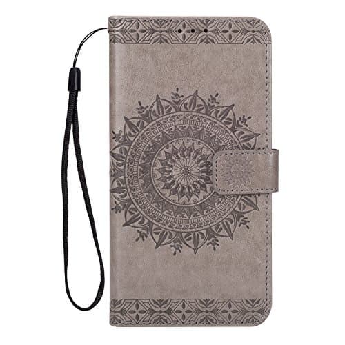 Leather Case Huawei P10 Plus, MAOOY Huawei P10 Plus Shell with Luxury Embossed Floral Painted, Shock Absorption Case with Kickstand Card Holder and Hand Strap for Huawei P10 Plus, Gray