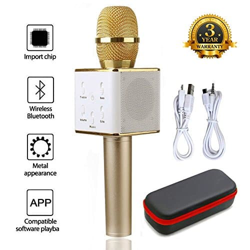 Mic 3-in-1 Bluetooth Magic Karaoke Machine Wireless Microphones Handheld Speaker For Apple iPhone Android Smartphone PC Music Playing Singing Home KTV (Q7 Gold)