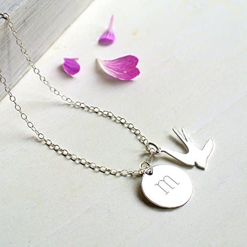 Personalized Sterling Silver Initial Disc and Swallow Charm Necklace