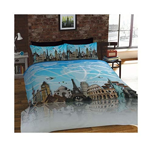World Landmarks Map Eiffel Tower Big Ben Blue Cotton Blend Usa Twin (135cm X 200cm - Uk Single) Duvet Comforter Cover