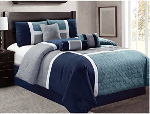 Dovedote 20617 CK 7 Piece Luxury Microfiber Quilted Patchwork Comforter Set, Navy, Cal King,