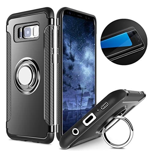 S8 Plus Phone Case & Tempered Glass Screen Protector, RP Ben Multi-function Car Holder Stand Magnetic Suction Bracket Finger Ring TPU + PC Cover Case for Samsung Galaxy S8 Plus (Black)