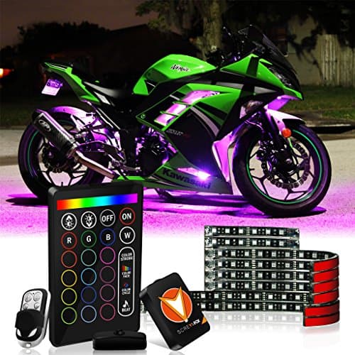 SCREAMFOX 8Pcs Motorcycle LED Light Kit Strips Multi-Color Accent Glow Neon RGB Atmosphere Lights Lamp with Wireless Remote & Keychain Controller w/Switch for Harley Davidson Honda Kawasaki Suzuki BMW