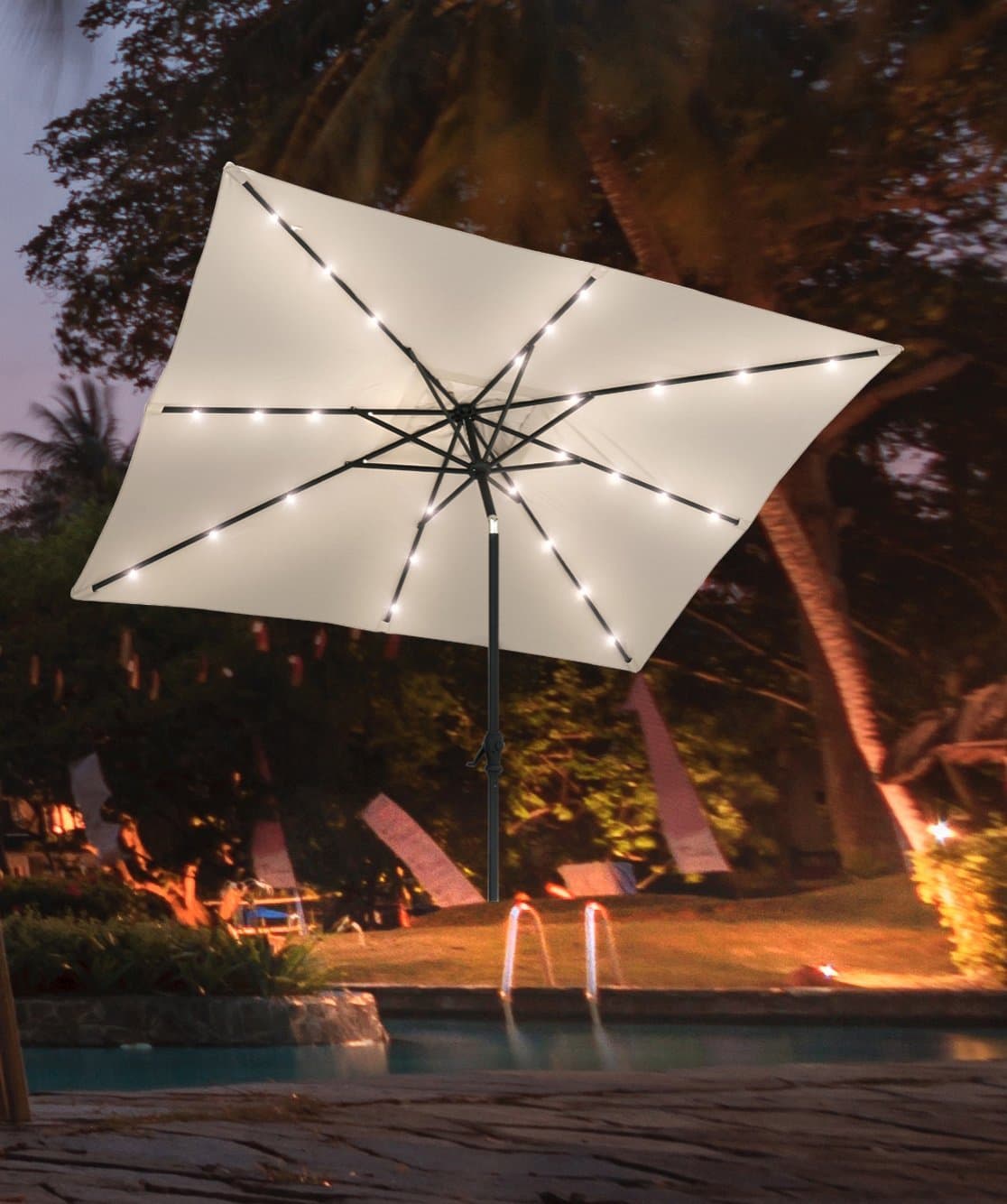 Jardin du Sud” 9 Feet Rectangular Solar Powered LED Lighted Patio Umbrella with 24 LED Lights, Tilt and Crank, 220 GSM Fade Resistant Canopy – Bring Shade and Style to Your Yard