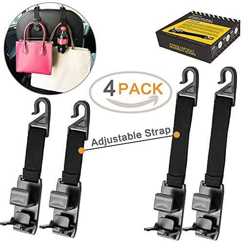 Qozary Car Headrest Hooks, 4 Pack Magic Headrest Hooks for Car (Adjustable Strap), Car Seat Hooks for Purse, Handbag, Backpack, Coat and Bottle, Car Bag Hanger Holder Fit Universal Vehicle Car