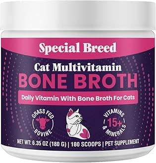 Cat Multivitamin with Grass-Fed Beef Bone Broth โ Daily Supplement for Immune, Joint, Skin, Coat & Gut Health โ Omega 3s, Lysine, Beta Glucan, Vitamins A-E, C, D โ 180 Day Supply โ No Fillers