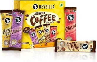 Bevzilla 48 Instant Coffee Powder Sachets (4 Flavours) - 96 Grams | Hazelnut, Classic, Vanilla & Butterscotch | 12 pouches Each Flavour | Arabica Coffee | Perfact for Espresso, Latte,Cappuccino | Hot & Cold Coffee