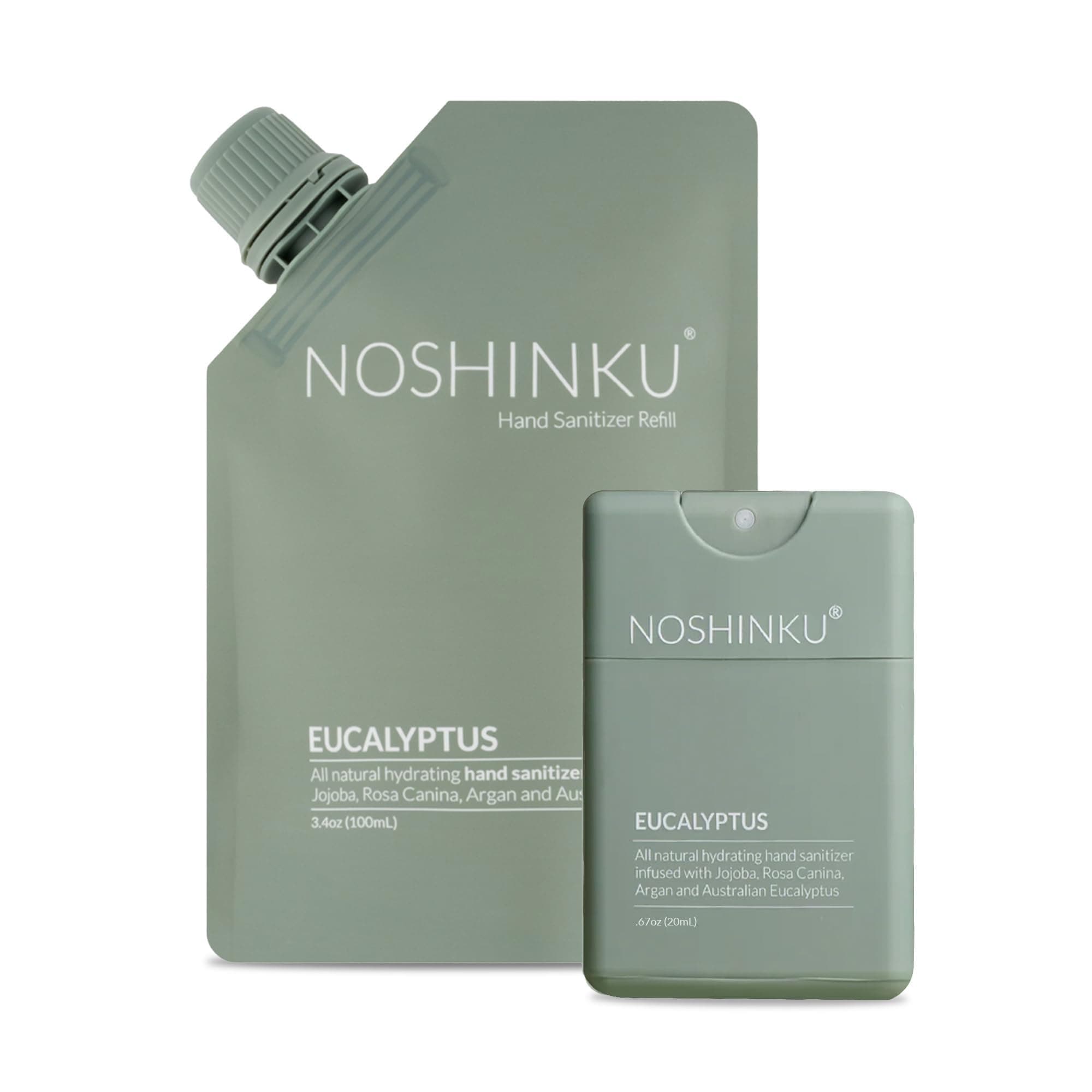 Noshinku Eucalyptus Pocket Hand Sanitizer Refill Kit: Refill Pouch + Sprayer Bundle | Organic Antibacterial Sanitizing Mist with Moisturizing Oils | FDA Registered | 70% Sugarcane Derived Alcohol