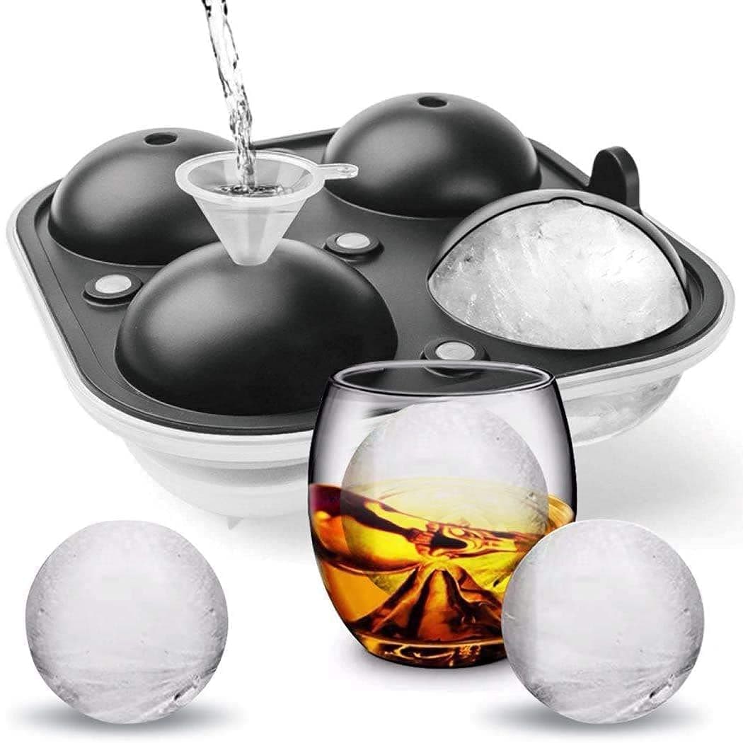 Seeway Large Ice Cube Trays for Whiskey, 2.5" Flexible 4 Ice Balls Maker with Lids & Bonus Funnel, BPA Free Round Silicone Ice Cube Molds, Reusable Sphere Ice Tray for Cocktail, Bourbon, Scotch