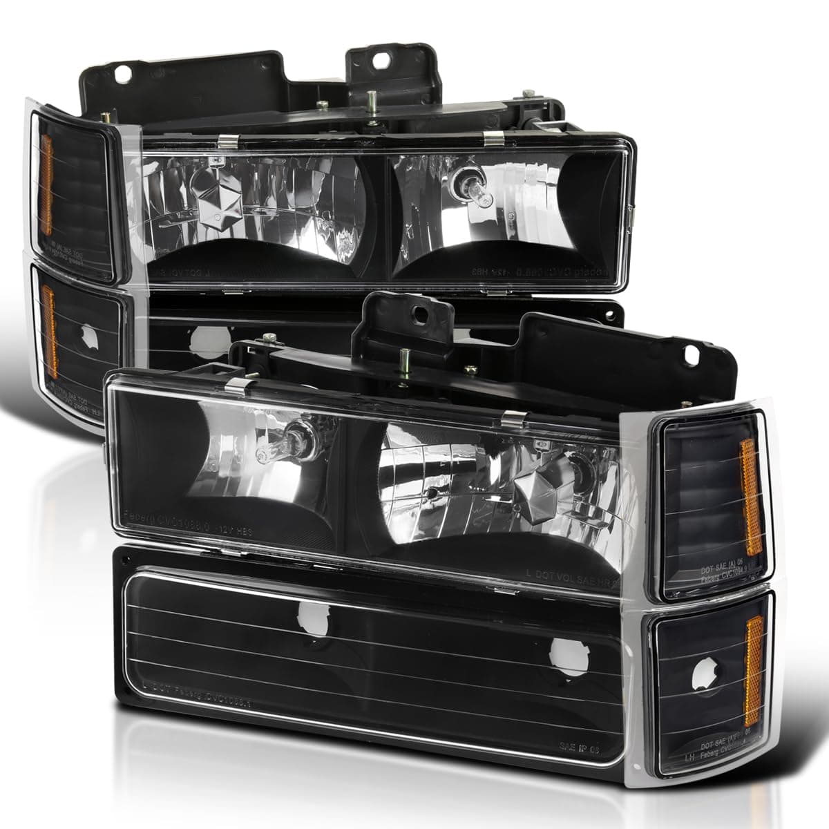 Black Headlights + Bumper Lights + Corner Compatible with 1994-1998 Chevy C/K 1500 2500 3500 Tahoe Suburban Blazer C10 Pickup, Left + Right Pair Headlamp Assembly