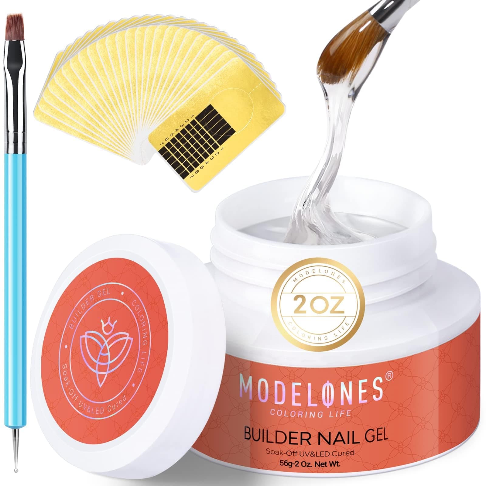 Modelones Builder Nail Gel Kit - Clear Extension Kit Hard Gel for Nails 2oz Strengthen Acrylic Manicure Art Set with 100PCS Dual Forms and Dual-use Acrylic Brush Professional DIY at Home