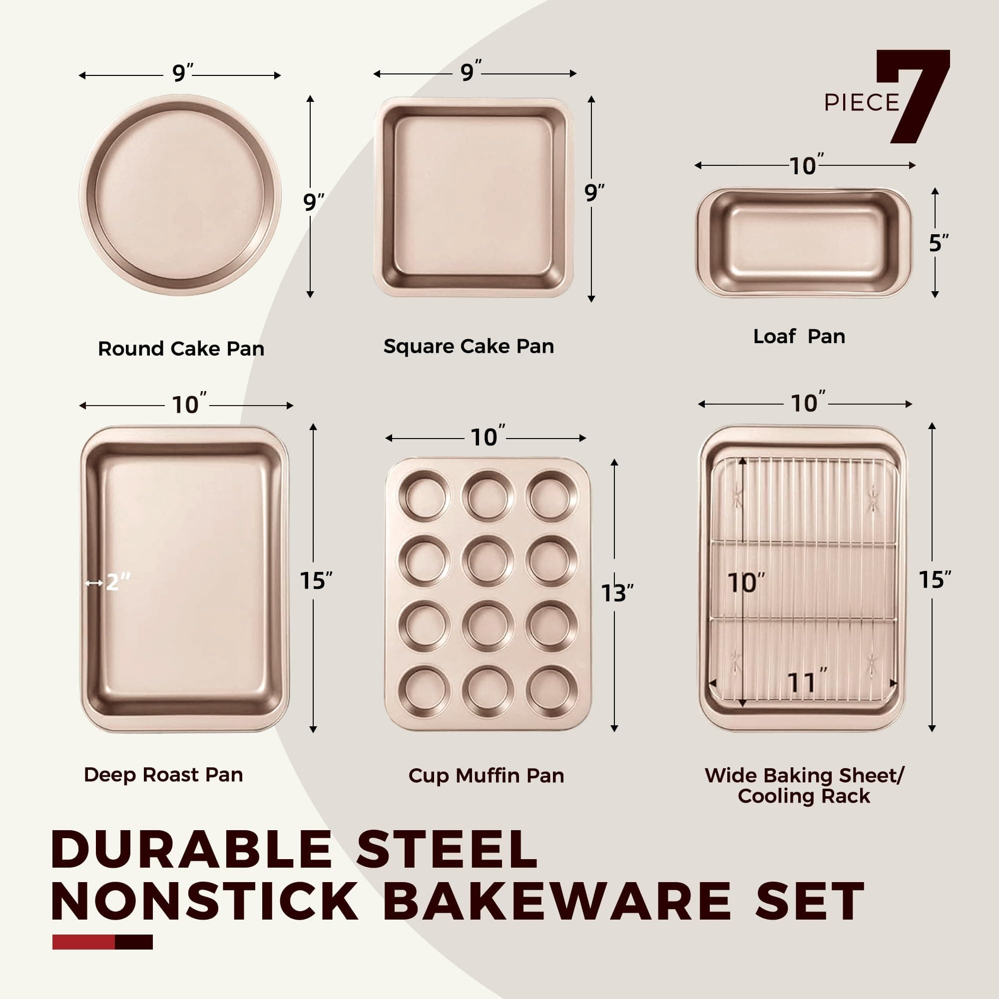 KITESSENSU Baking Pans Sets, Nonstick Bakeware Set 7-Piece with Round/Square Cake Pan, Loaf Pan, Muffin Pan, Cookie Sheet, Roast Pan, Cooling Rack & Silicone Oven Mitts, Carbon Steel Bake Set,Gold