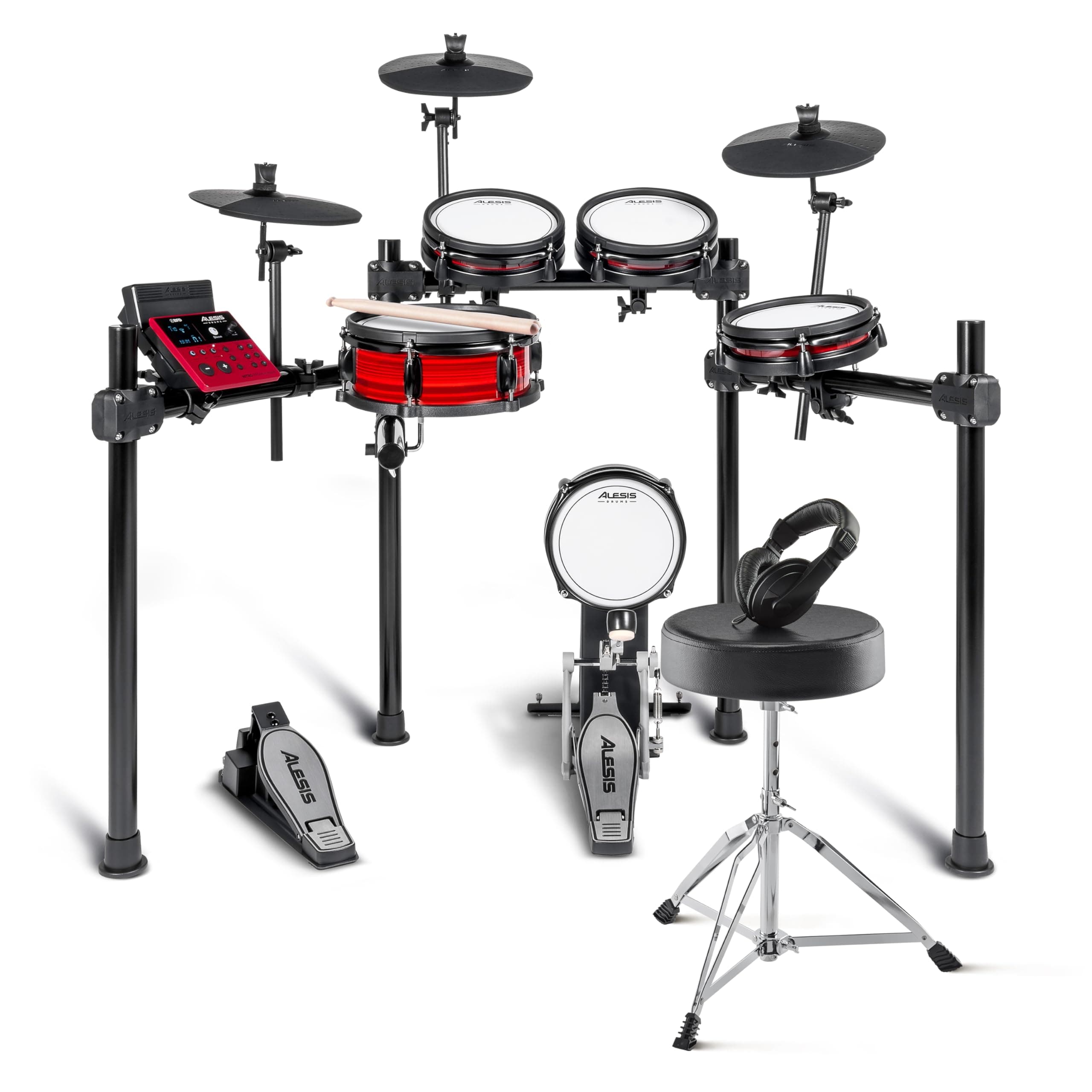 Nitro Pro and Drum Essentials Bundle - Electric Drum Set with Accessory Pack including A Drum Throne and On-Ear Headphones