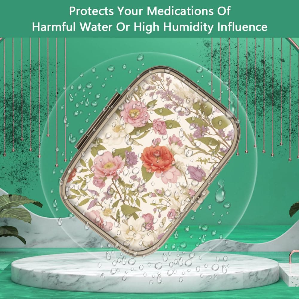 Pill Case Pill Box with Mirror Retro 2 Compartment Small Pill Case for Purse or Pocket Bronze Rectangular Pill Box or Vitamins, Fish Oil, Supplements, Pill Containe Travel Gifts(Retro Red Flowers)