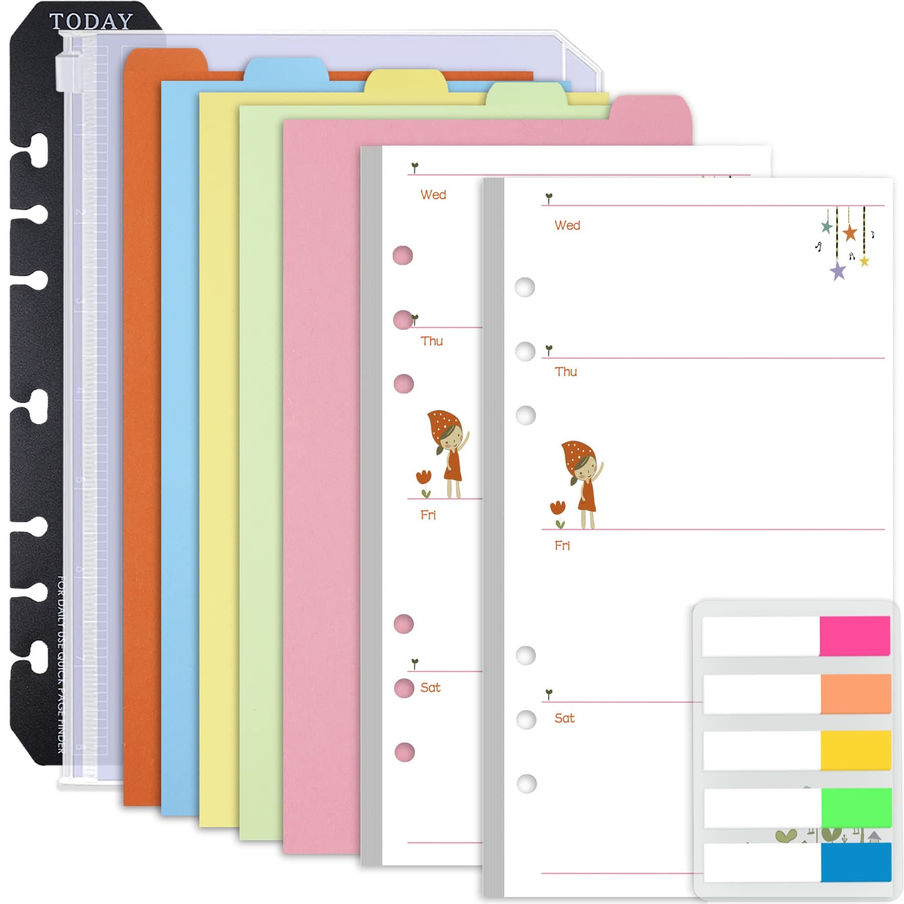 A6 Planner Inserts Weekly Planner Refills, 90 Pages Colorful 6-Ring Loose-leaf Paper Binder Inserts w/Divider, PVC Pouch, Ruler, Index Tab for Journal, Filofax, Double-sided, Undated, 6.9x3.7"