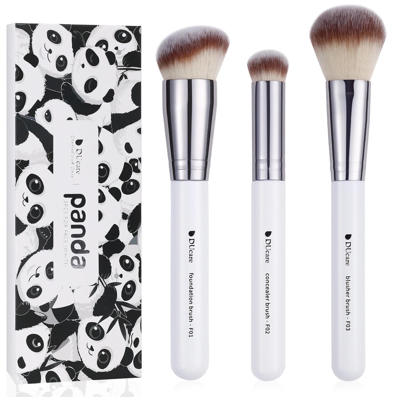 DUcare 3Pcs Kabuki Makeup Brush Set, Foundation Contour Blush Concealer Brush, Travel Buffing Blending Brush for Liquid Cream Powder Face Makeup White