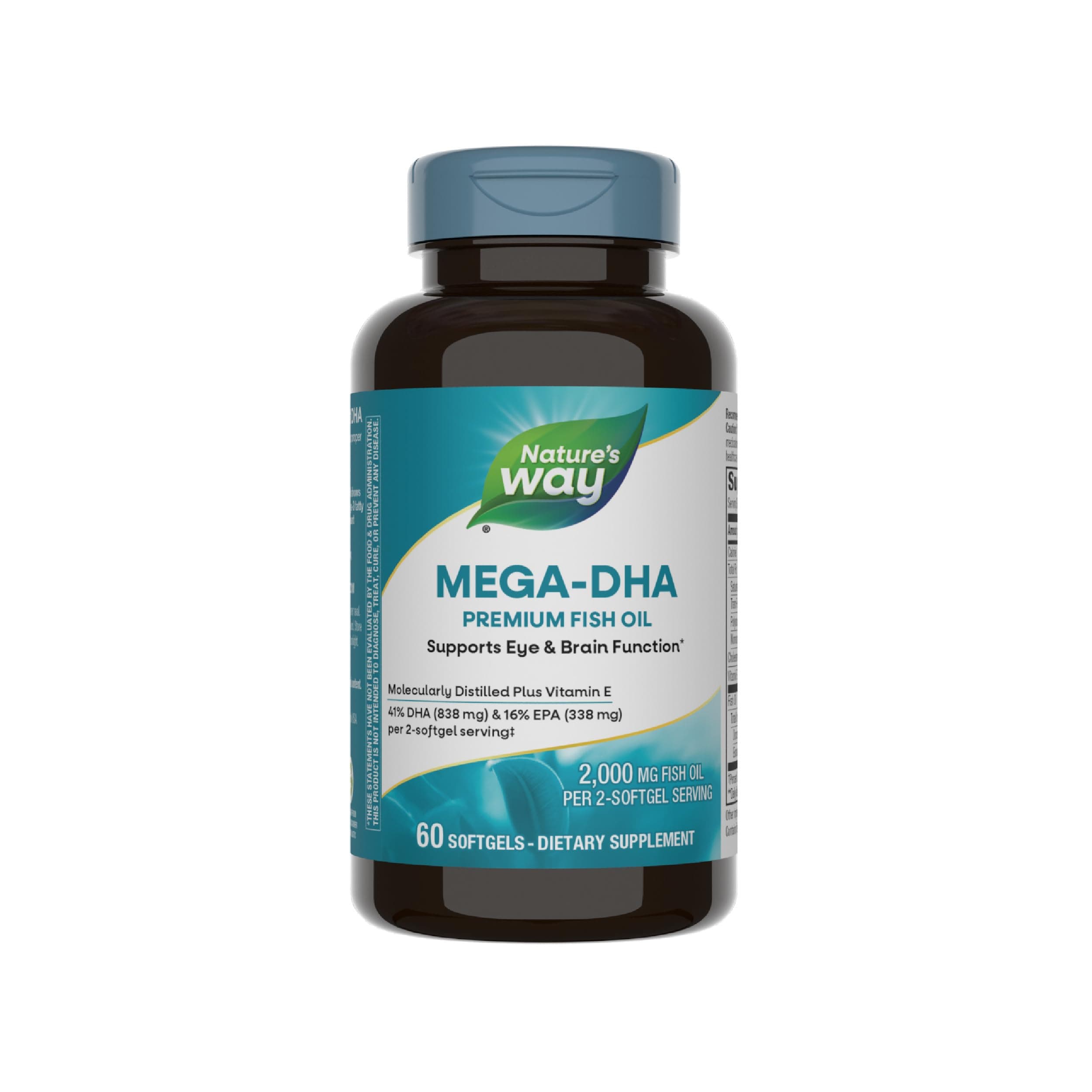 Mega-DHA Premium Fish Oil, Supports Eye and Brain Function*, Omega-3, EPA DHA Omega 3 Supplement, 2,000 mg Fish Oil per 2-Softgel Serving, 60 Softgels (Packaging May Vary)