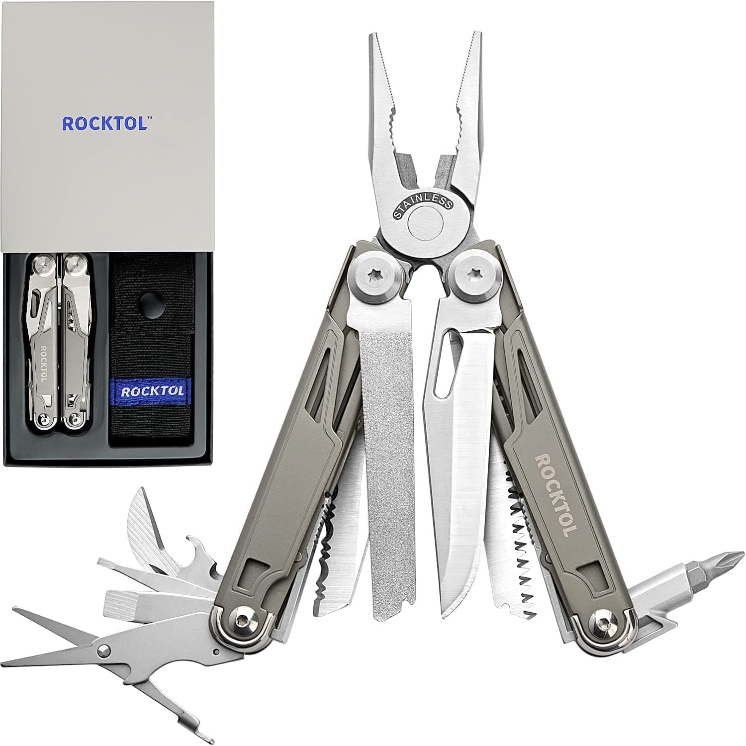 Multitool,19-in-1 Multitool Pliers with Titanium-plated Handle, Safety Locking, Lightweight EDC Tool and Nylon Sheath for Men,Outdoor Survival,Hiking,Camping