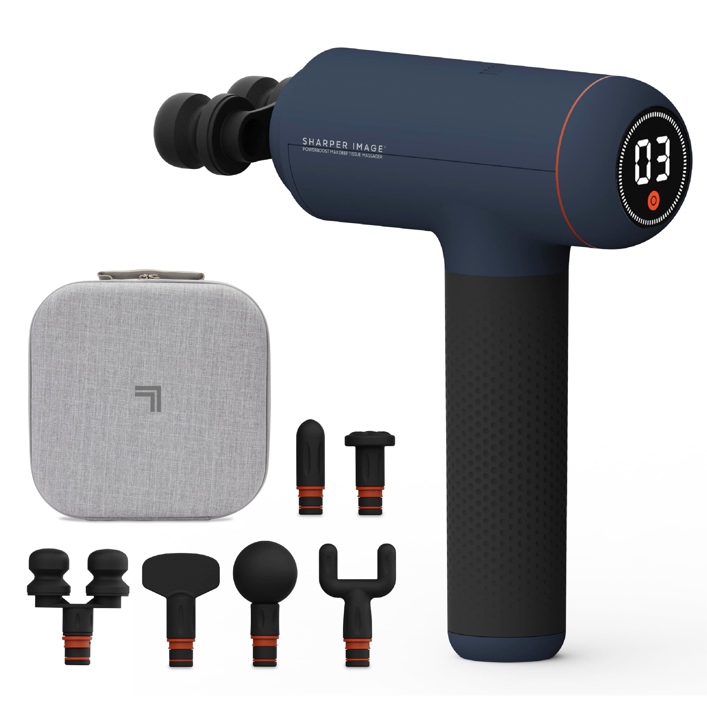 Sharper Image Deep Tissue Percussion Massage Gun, Powerboost Max Rechargeable Handheld Massager, 7 Adjustable Speeds, 6 Attachment Heads & Carrying Case, Full Body Muscle Pain Relief, Blue