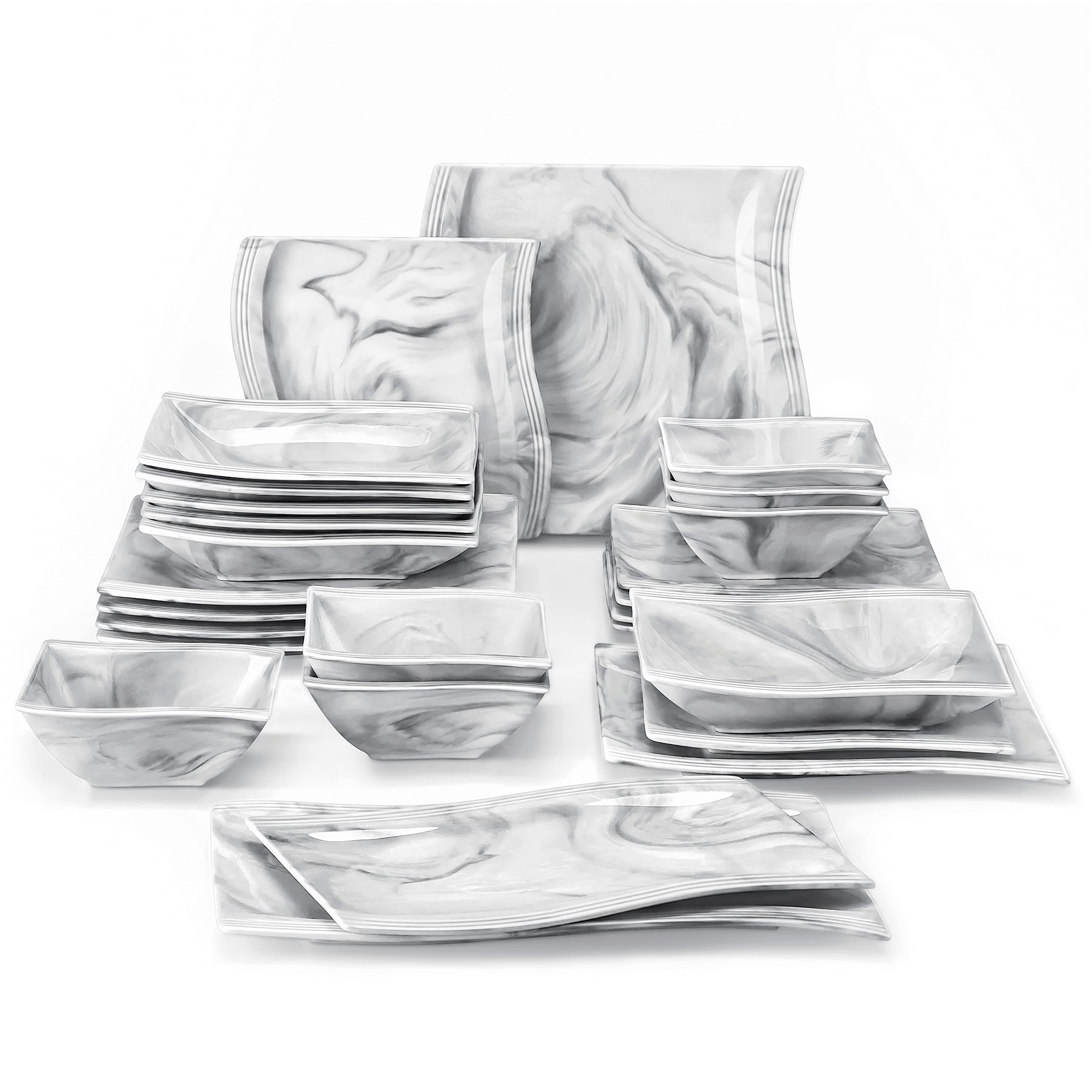 Square Porcelain Dinnerware Set, 26-Piece Marble Grey Dinner Sets Oven Safe,Plates and Bowls Set with Dinner Plates Dessert Plates and Soup Plates,Service for 6,Series Flora