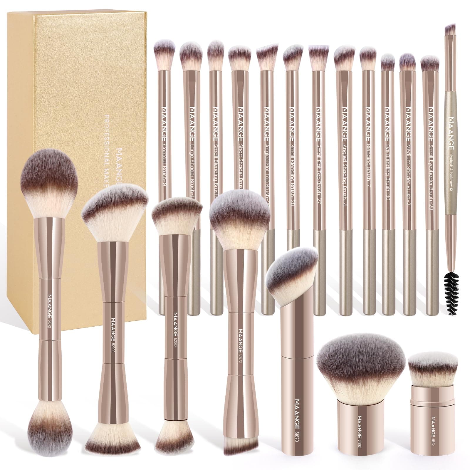 20 Pcs Makeup Brushes with Gift Box, Double-End Multi-functional Makeup Brushes for Blending Liquid Powder Concealer Cream Blush Buffe,Champagne
