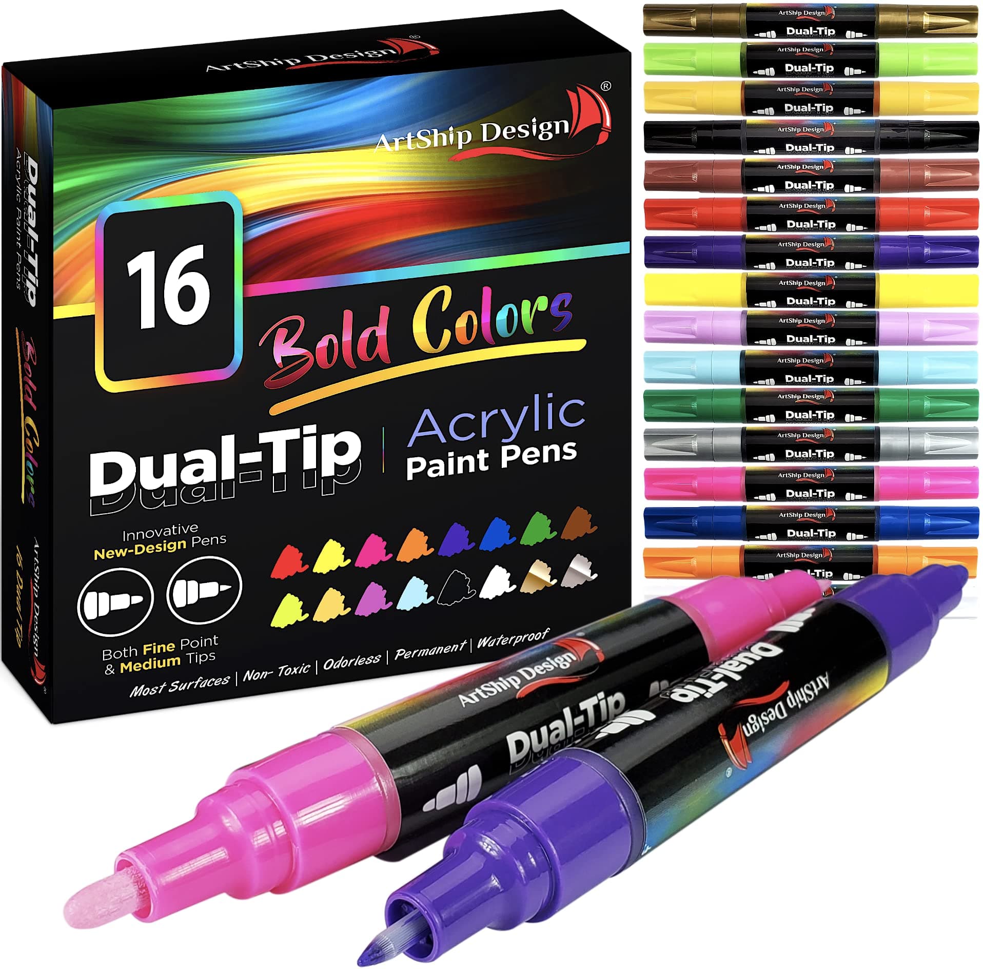 16 Dual-Tip Acrylic Paint Pens, Both Extra Fine and Medium Tip Paint Markers for Rock Painting, Mugs, Ceramic, Wine Glasses, Wood, Glass, Plastic, Most Surfaces - Water Based Non-Toxic and No Odor